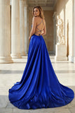 Pink Spaghetti Straps Satin Backless A Line Prom Dress With Pockets