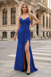 Sheath Spaghetti Straps Black Satin Long Prom Dresses with Lace Appliques