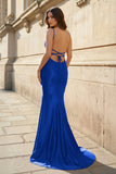 Red Spaghetti Straps Mermaid Satin Beaded Long Prom Dresses With Appliques