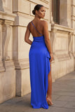 Pink One Shoulder Sheath Satin Long Prom Dresses With Slit