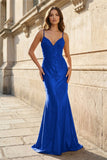 Red Spaghetti Straps Mermaid Satin Beaded Long Prom Dresses With Appliques