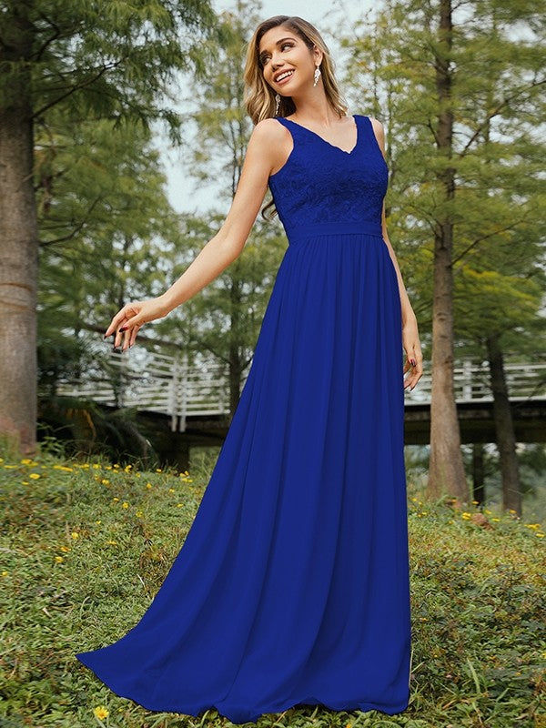 A-Line/Princess Chiffon Lace V-neck Sleeveless Floor-Length Bridesmaid Dresses Evening Prom Dress