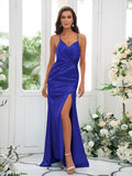 Sheath/Column Silk like Satin Ruched Spaghetti Straps Sleeveless Sweep/Brush Train Bridesmaid Dresses Evening Dress