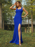 Sheath/Column Jersey Ruffles Straps Sleeveless Sweep/Brush Train Bridesmaid Dresses Evening Dress