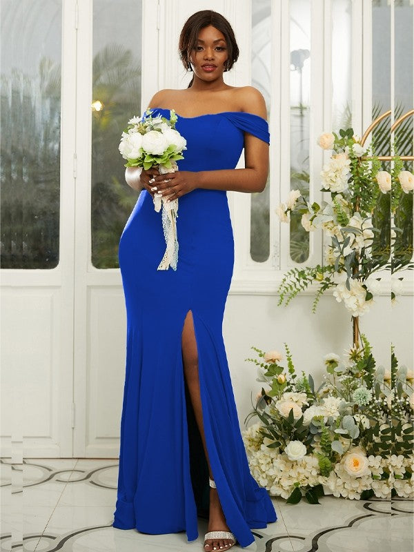 Sheath/Column Jersey Ruffles Off-the-Shoulder Sleeveless Sweep/Brush Train Bridesmaid Dresses Evening Dress