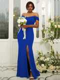 Sheath/Column Jersey Ruffles Off-the-Shoulder Sleeveless Sweep/Brush Train Bridesmaid Dresses Evening Dress