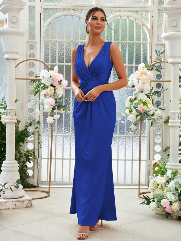 Sheath/Column Jersey Ruched V-neck Sleeveless Floor-Length Bridesmaid Dresses Evening Dress