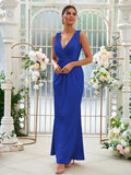 Sheath/Column Jersey Ruched V-neck Sleeveless Floor-Length Bridesmaid Dresses Evening Dress