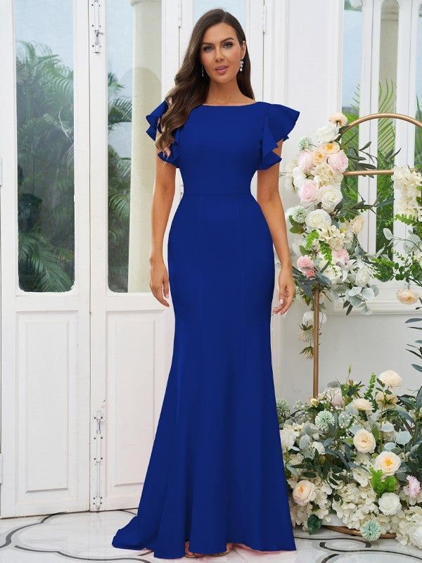 Sheath/Column Stretch Crepe Ruffles Scoop Short Sleeves Sweep/Brush Train Bridesmaid Dresses Evening Dress