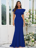 Sheath/Column Stretch Crepe Ruffles Scoop Short Sleeves Sweep/Brush Train Bridesmaid Dresses Evening Dress