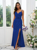 A-Line/Princess Stretch Crepe Ruched V-neck Sleeveless Floor-Length Bridesmaid Dresses Evening Dress
