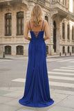 Sheath Spaghetti Straps Black Satin Long Prom Dresses with Lace Appliques