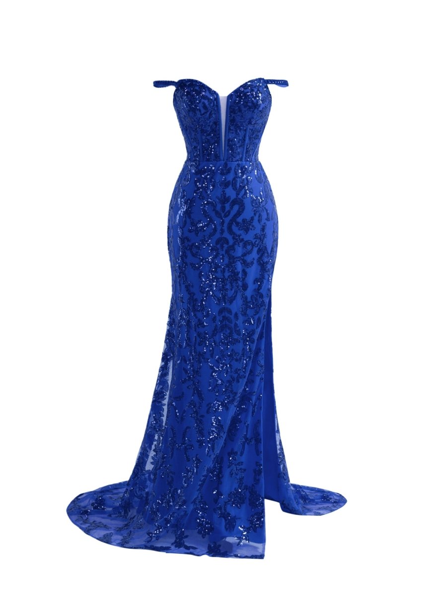 Sparkly Royal Blue Sheath Sequins Long Prom Dress with Slit