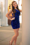 Hot Pink Sheath One Shoulder Sequins Mini Party Dresses