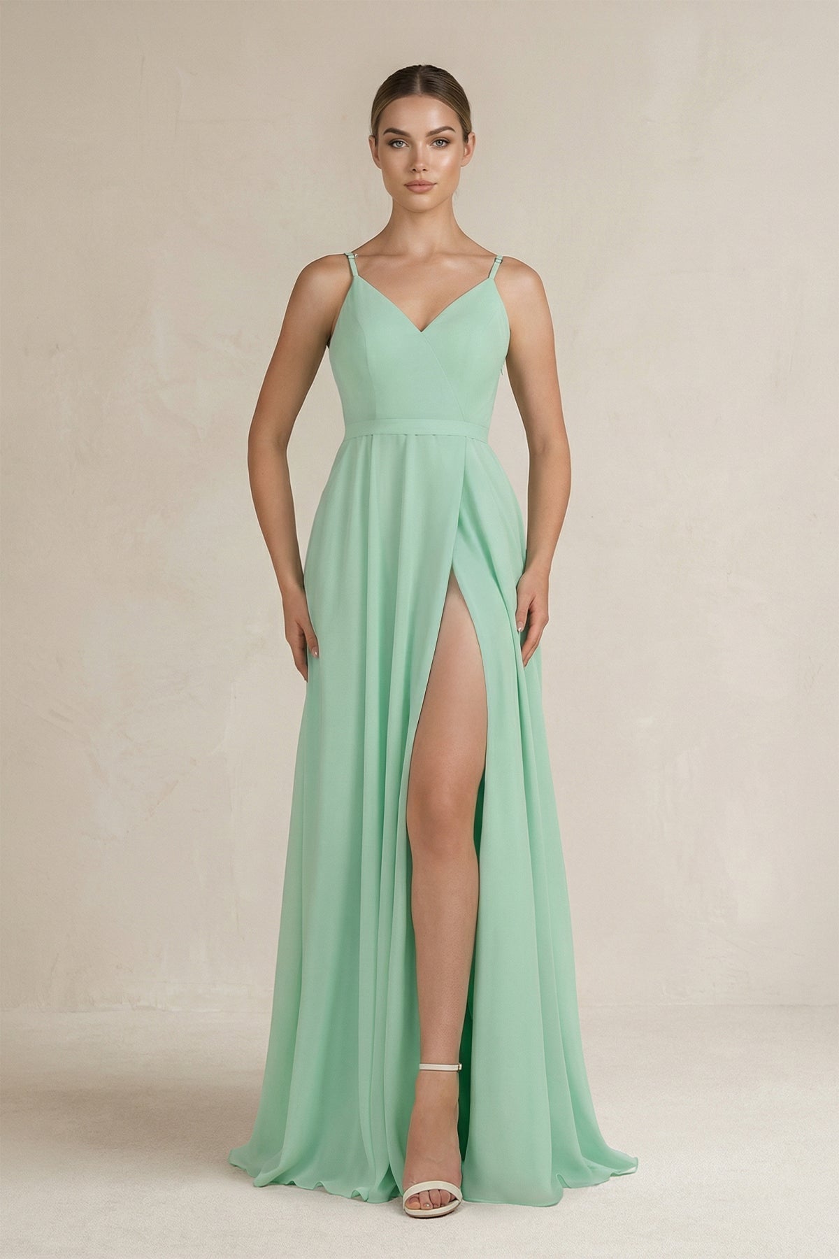 Ruched A-Line Chiffon Bridesmaid Dress with Slit in Pale Pistachio