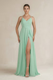 Ruched A-Line Chiffon Bridesmaid Dress with Slit in Pale Pistachio