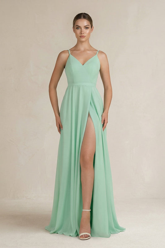 Ruched A-Line Chiffon Bridesmaid Dress with Slit in Pale Pistachio