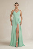 Ruched A-Line Chiffon Bridesmaid Dress with Slit in Pale Pistachio