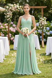 Ruched A-Line Chiffon Bridesmaid Dress with Slit in Pale Pistachio