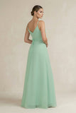 Ruched A-Line Chiffon Bridesmaid Dress with Slit in Pale Pistachio