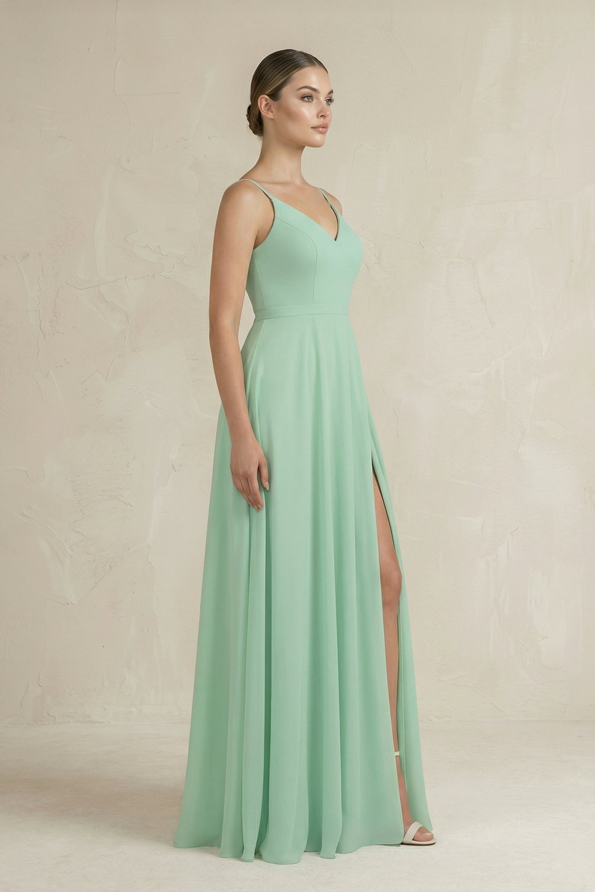 Ruched A-Line Chiffon Bridesmaid Dress with Slit in Pale Pistachio