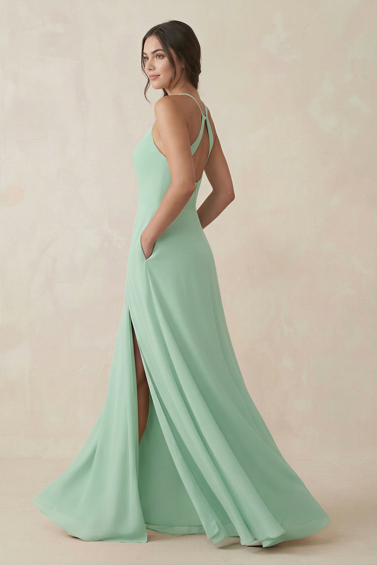 Ruched Sheath Chiffon Bridesmaid Dress in Pale Pistachio