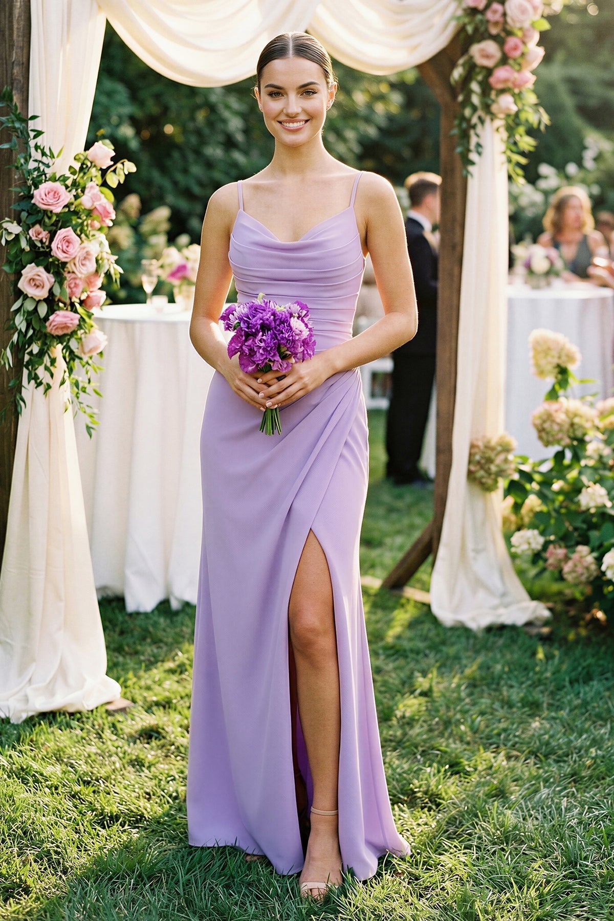 Ruched Sheath Spaghetti Strap Chiffon Bridesmaid Dress in Lavender