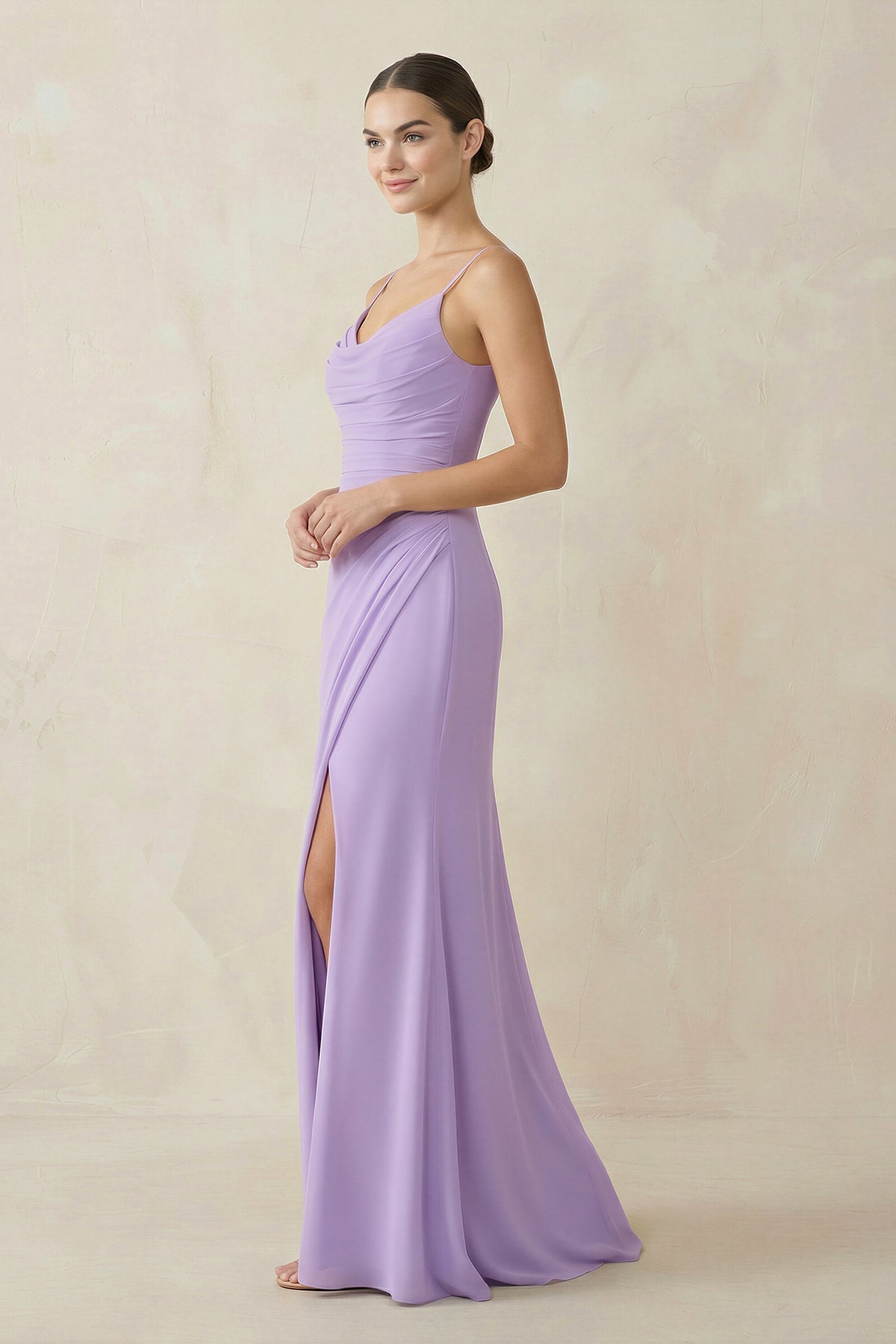 Ruched Sheath Spaghetti Strap Chiffon Bridesmaid Dress in Lavender