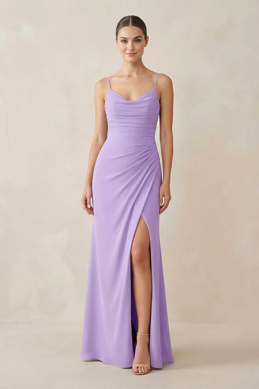 Ruched Sheath Spaghetti Strap Chiffon Bridesmaid Dress in Lavender