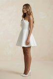 Ruched Strapless A-Line Satin Mini Wedding Dress in White