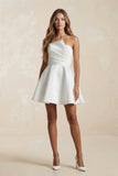 Ruched Strapless A-Line Satin Mini Wedding Dress in White