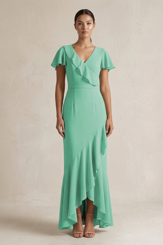 Rufffled V-Neck Sheath Chiffon Bridesmaid Dress in Turquoise
