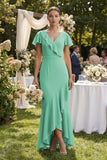 Rufffled V-Neck Sheath Chiffon Bridesmaid Dress in Turquoise