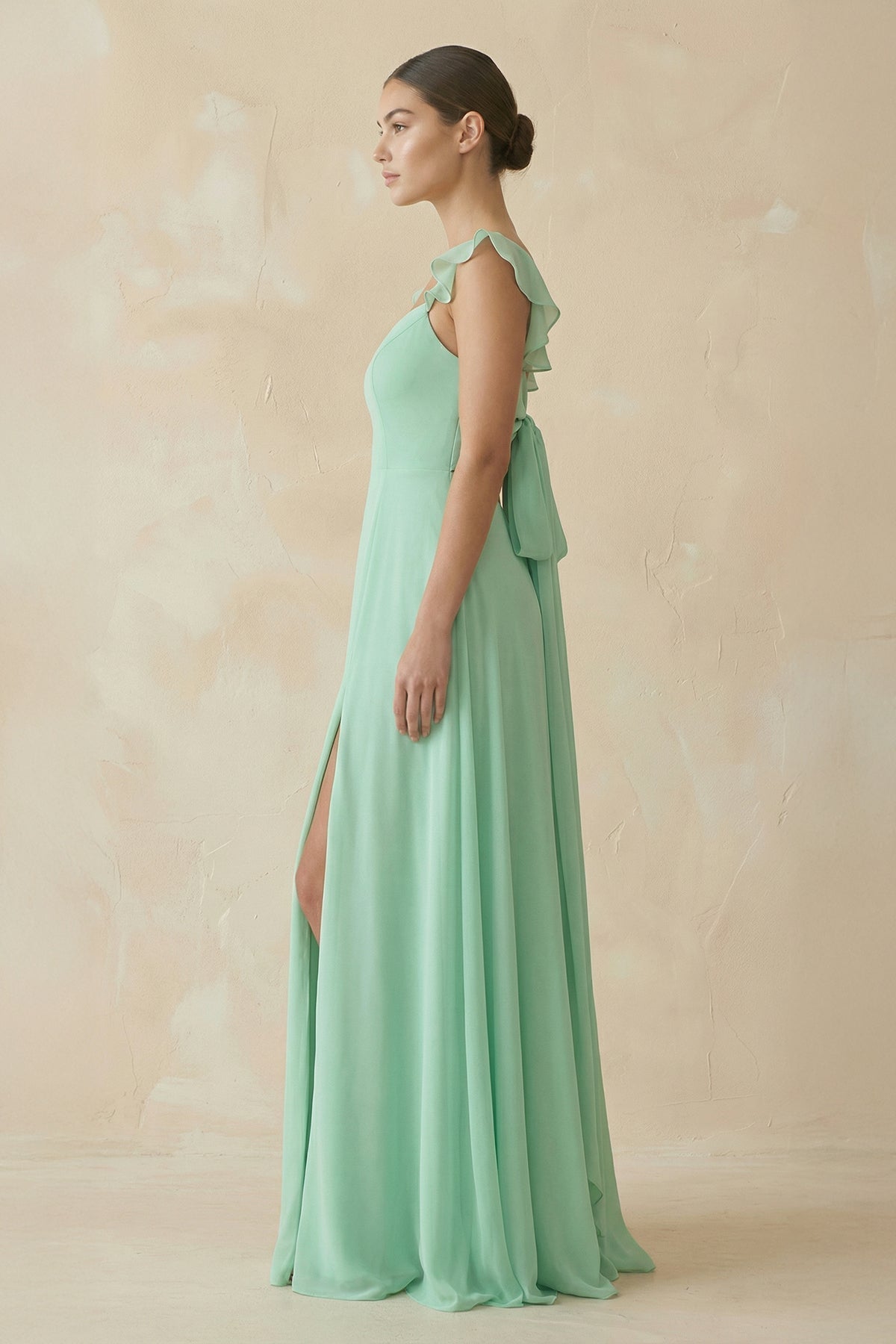 Ruffled Chiffon A-Line Long Bridesmaid Dress in Pale Pistachio
