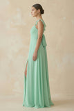 Ruffled Chiffon A-Line Long Bridesmaid Dress in Pale Pistachio