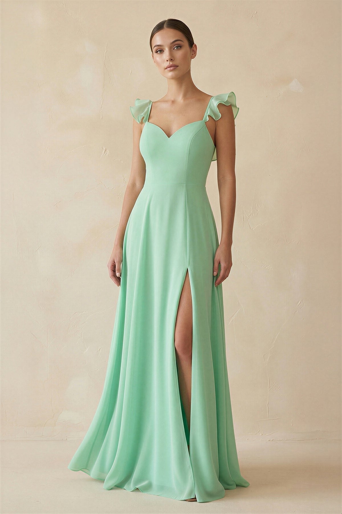 Ruffled Chiffon A-Line Long Bridesmaid Dress in Pale Pistachio