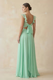 Ruffled Chiffon A-Line Long Bridesmaid Dress in Pale Pistachio