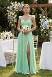 Ruffled Chiffon A-Line Long Bridesmaid Dress in Pale Pistachio