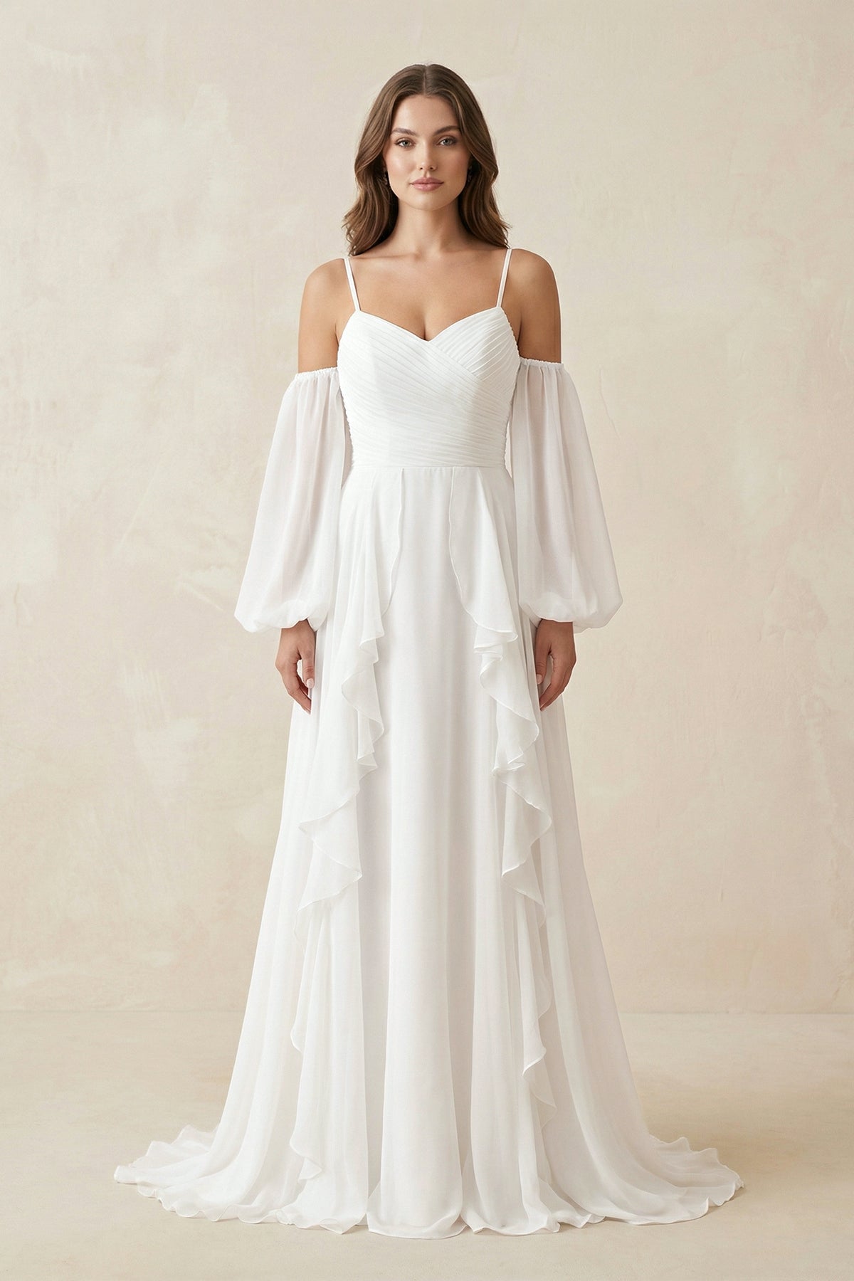 Ruffled Chiffon A-Line Wedding Dress With Detachable Sleeves in White