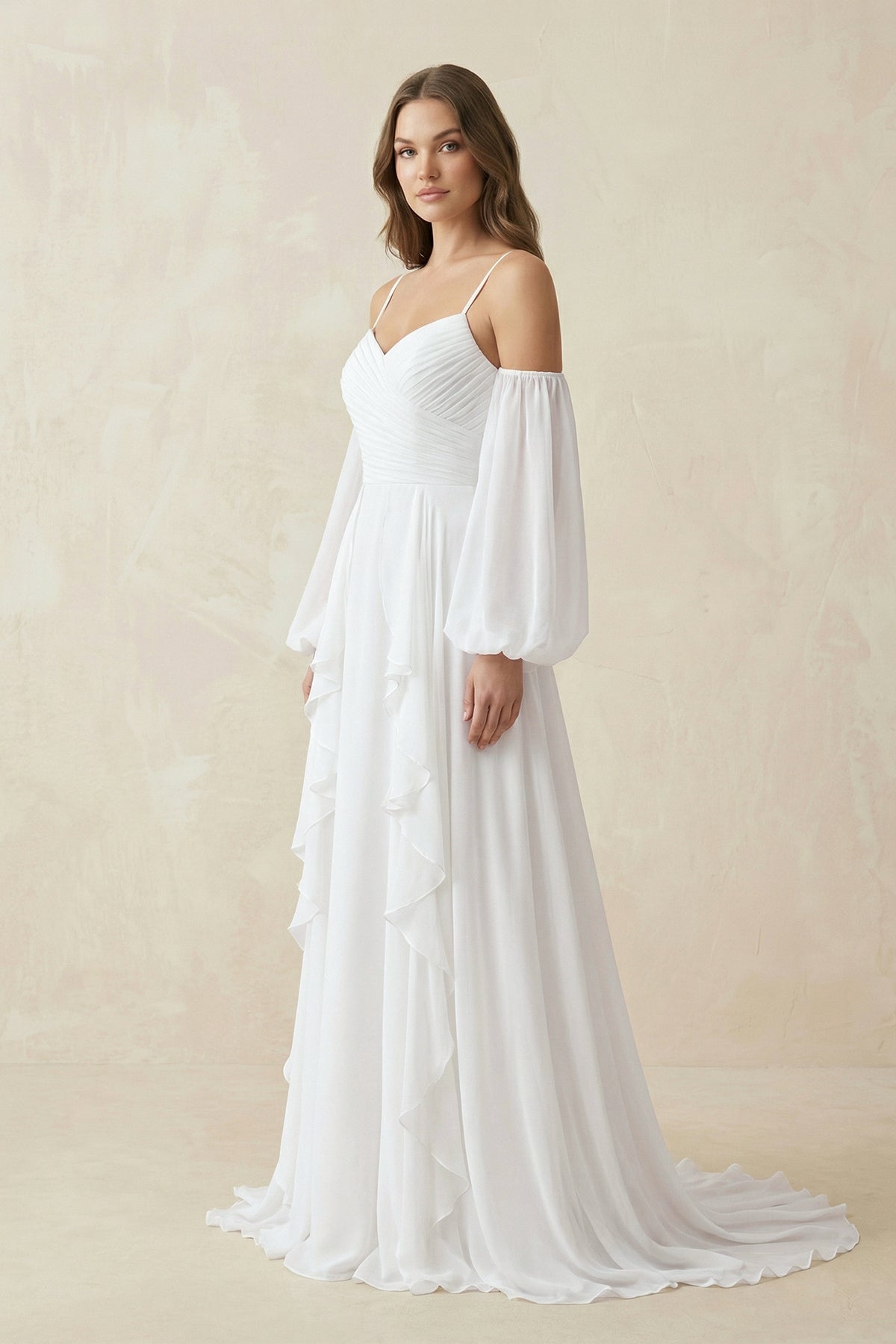 Ruffled Chiffon A-Line Wedding Dress With Detachable Sleeves in White