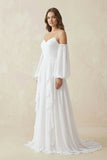 Ruffled Chiffon A-Line Wedding Dress With Detachable Sleeves in White