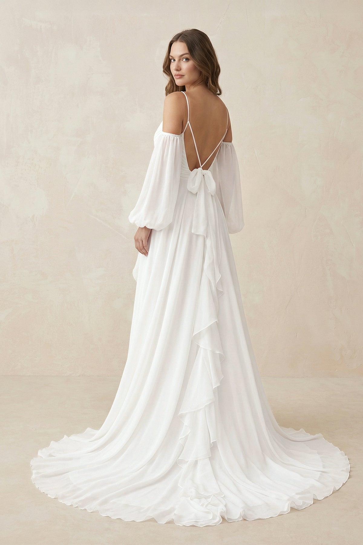 Ruffled Chiffon A-Line Wedding Dress With Detachable Sleeves in White
