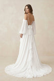 Ruffled Chiffon A-Line Wedding Dress With Detachable Sleeves in White