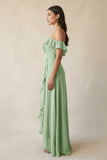 Ruffled Off-the-Shoulder A-Line Chiffon Bridesmaid Dress in Sage