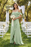Ruffled Off-the-Shoulder A-Line Chiffon Bridesmaid Dress in Sage