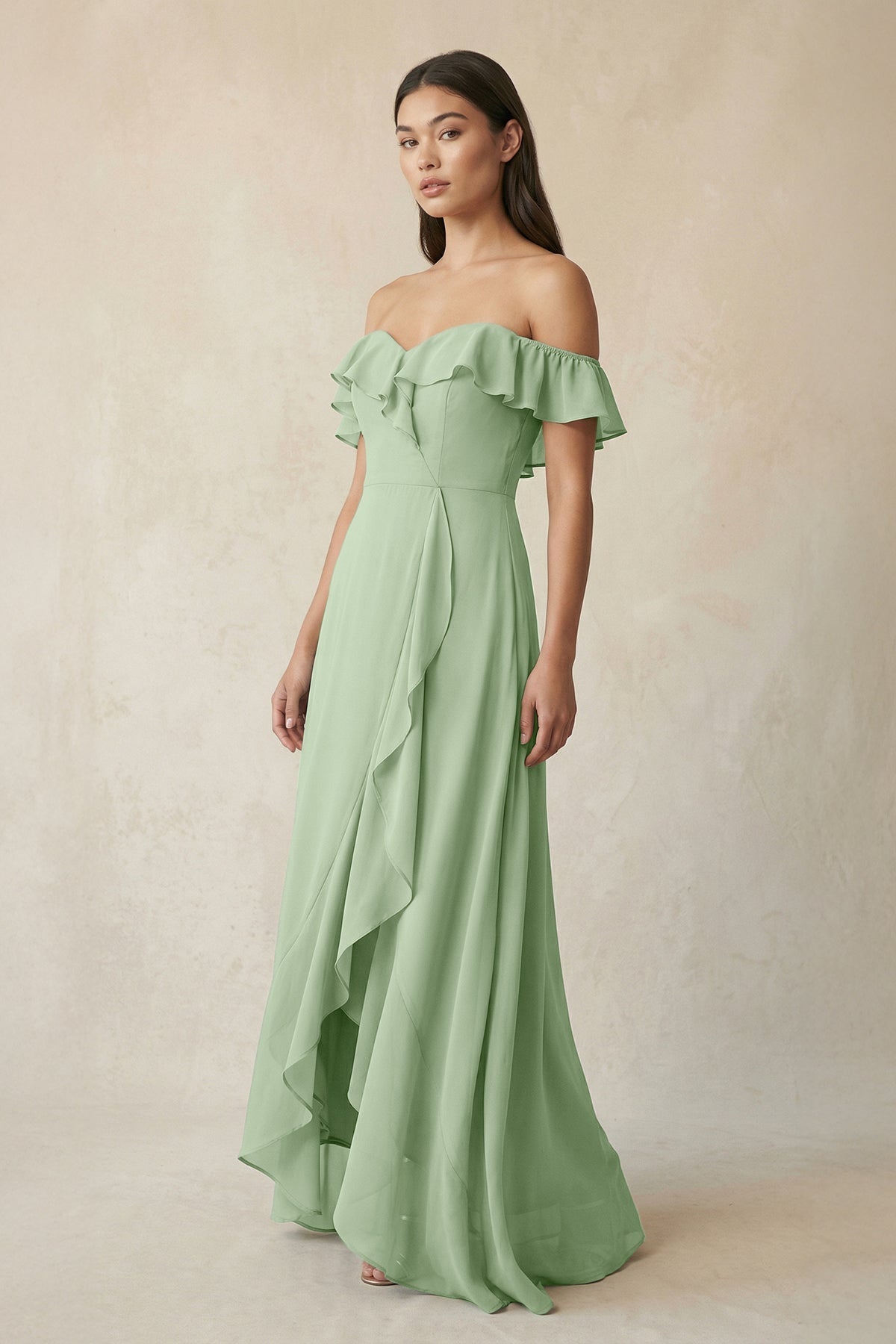 Ruffled Off-the-Shoulder A-Line Chiffon Bridesmaid Dress in Sage