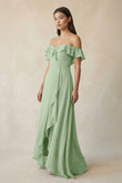 Ruffled Off-the-Shoulder A-Line Chiffon Bridesmaid Dress in Sage