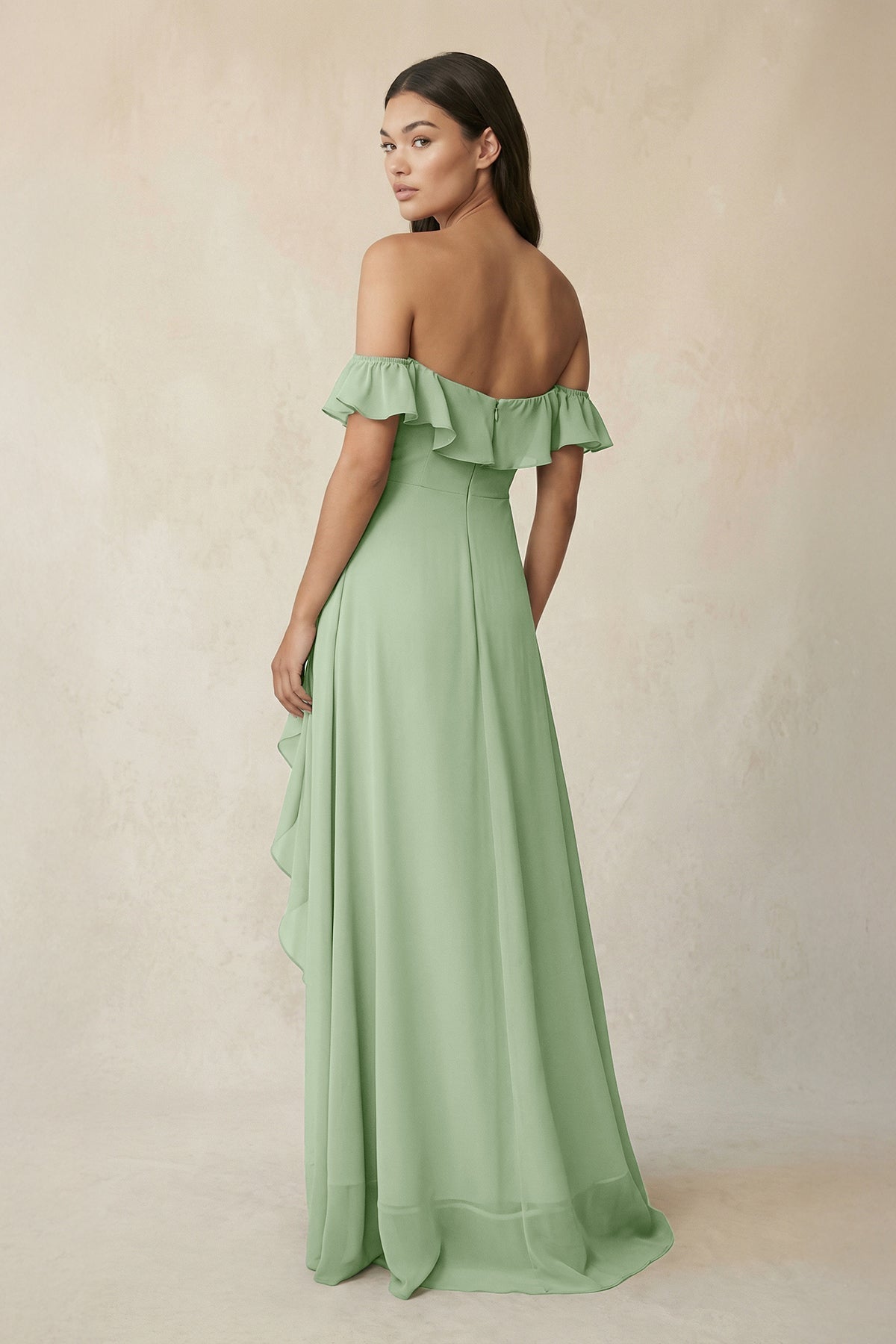 Ruffled Off-the-Shoulder A-Line Chiffon Bridesmaid Dress in Sage
