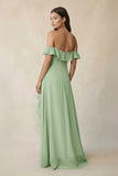 Ruffled Off-the-Shoulder A-Line Chiffon Bridesmaid Dress in Sage