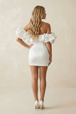 Ruffled Off-the-Shoulder Sheath Satin Wedding Dress in White